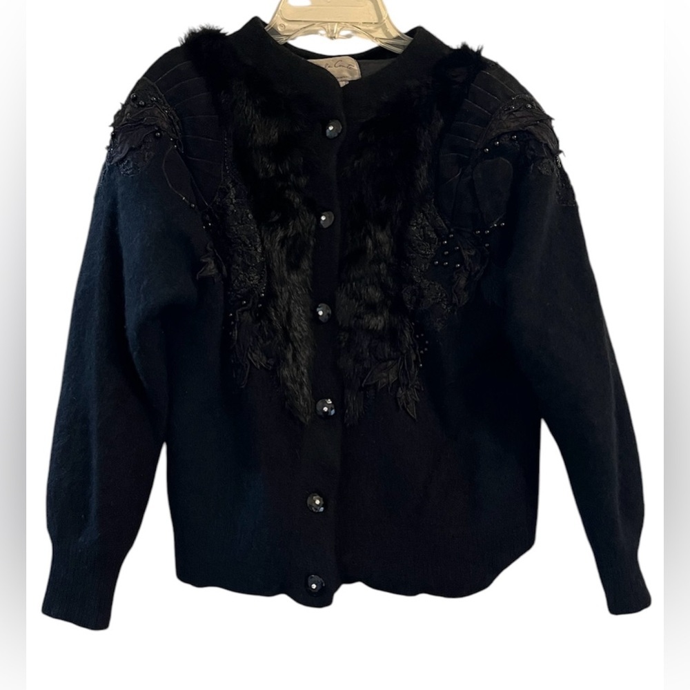 Vintage Black Fur-Trim Button Angora Cardigan Sweater w Appliqué and Beadwork